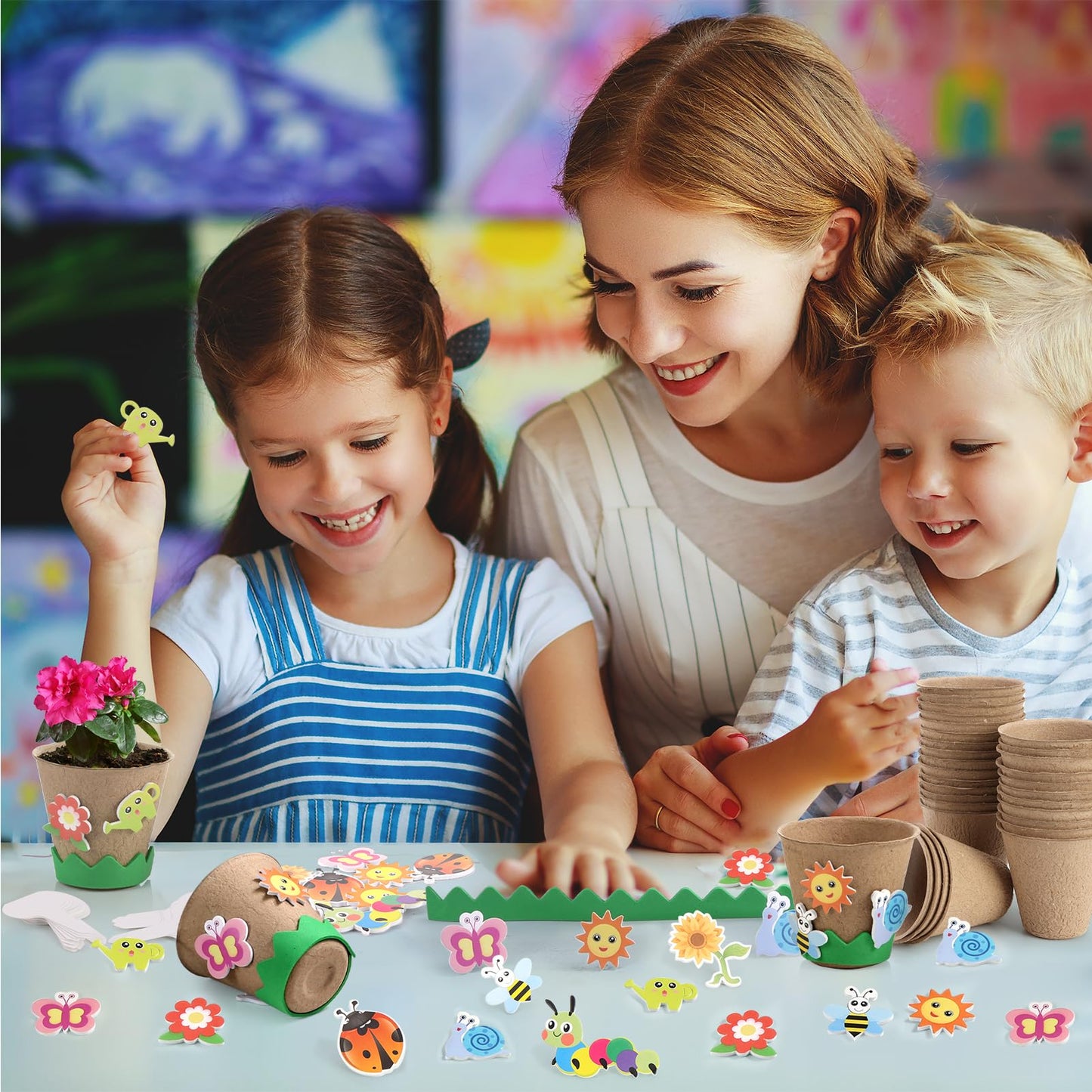 Ayfjovs 80 Pack Garden Paper Pot Craft Kit, Kids Flower Plant Growing Kit with 300 PCS Adhesive Foam Stickers and 80 PCS Plant Pots Labels for Classroom DIY Planting, Kids Summer Craft, Father's Day