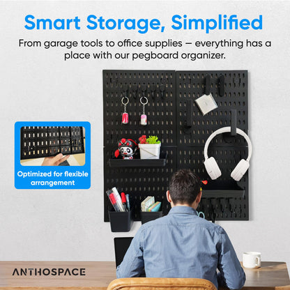 ANTHOSPACE Black Pegboard Organizer Set with Hooks & Storage Boxes, Desk or Wall Peg Board Panels for Tools, Crafts, and Office Supplies – 4 Boards (30×30 cm Each)