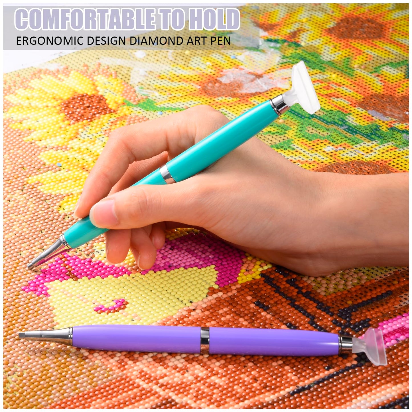 benote Diamond Art Pen Tools, 2 Sets Ergonomic Diamond Art Accessories Pens Metal Screw Thread Multi Placer Tips, Round and Square Drill Pen for Nail DIY Craft