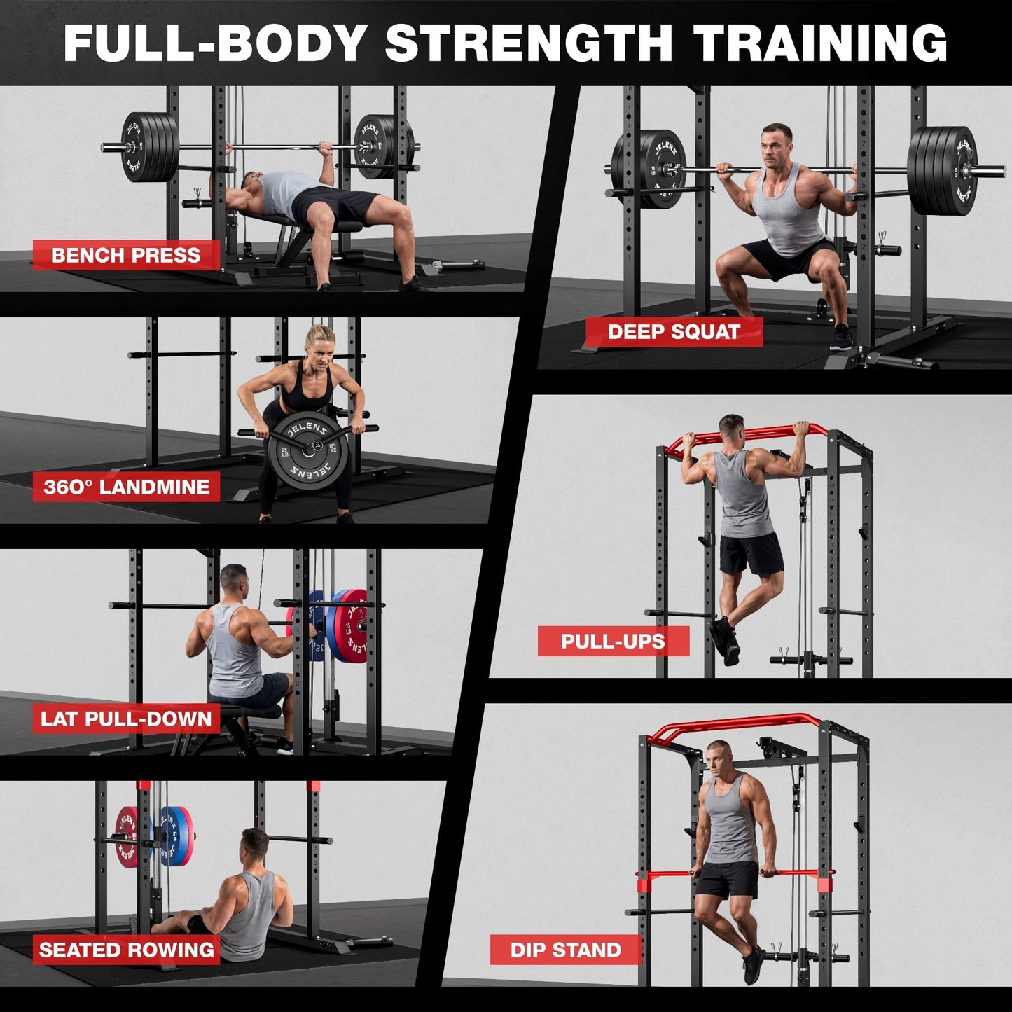 JELENS Power Cage, 2000LBS Multi-Function S11 Power Rack with LAT Pulldown, Squat Rack with Pulley System and More Training Attachments, Weight Workout Machine for Home Gym (Weight Bench Package)