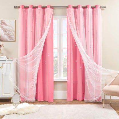 2 72 Inches Grommet W52 L72 XiDi Pink Curtains for Kids Girls Bedroom Panels Blackout Double Layer Curtains with Sheer