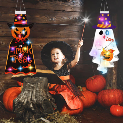 Amyhill 4 Pcs Halloween Windsocks with LED Lights Outdoor Decoration Pumpkin Ghost Skeleton Witch 40 Windsock Flag Hanging Decorations for Yard Tree Porch Garden Patio Halloween Party Supplies