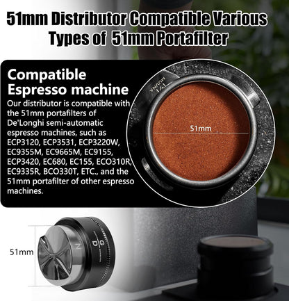 51mm Espresso Distributor, Slow Rebound Coffee Leveler Tool with Stainless Steel 2 Blade Base, Fits 51mm Portafilters