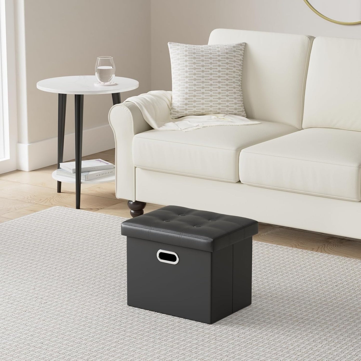 17x13x13in COSYLAND Ottoman with Storage Folding Leather Ottoman Footrest Foot Stool Black Ottoman for Room Small