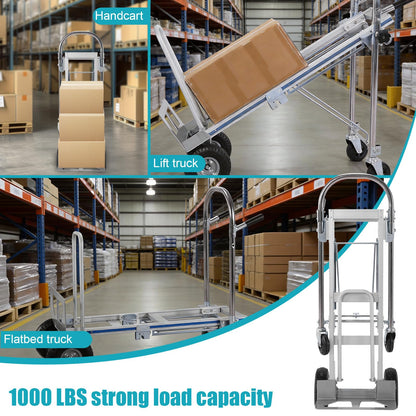 2 in 1 Industrial Convertible Utility Trolley Platform Cart 1000 LBS Capacity Collapsible Truck Heavy Duty with Wheels for Transport & Moving in Warehouse Home