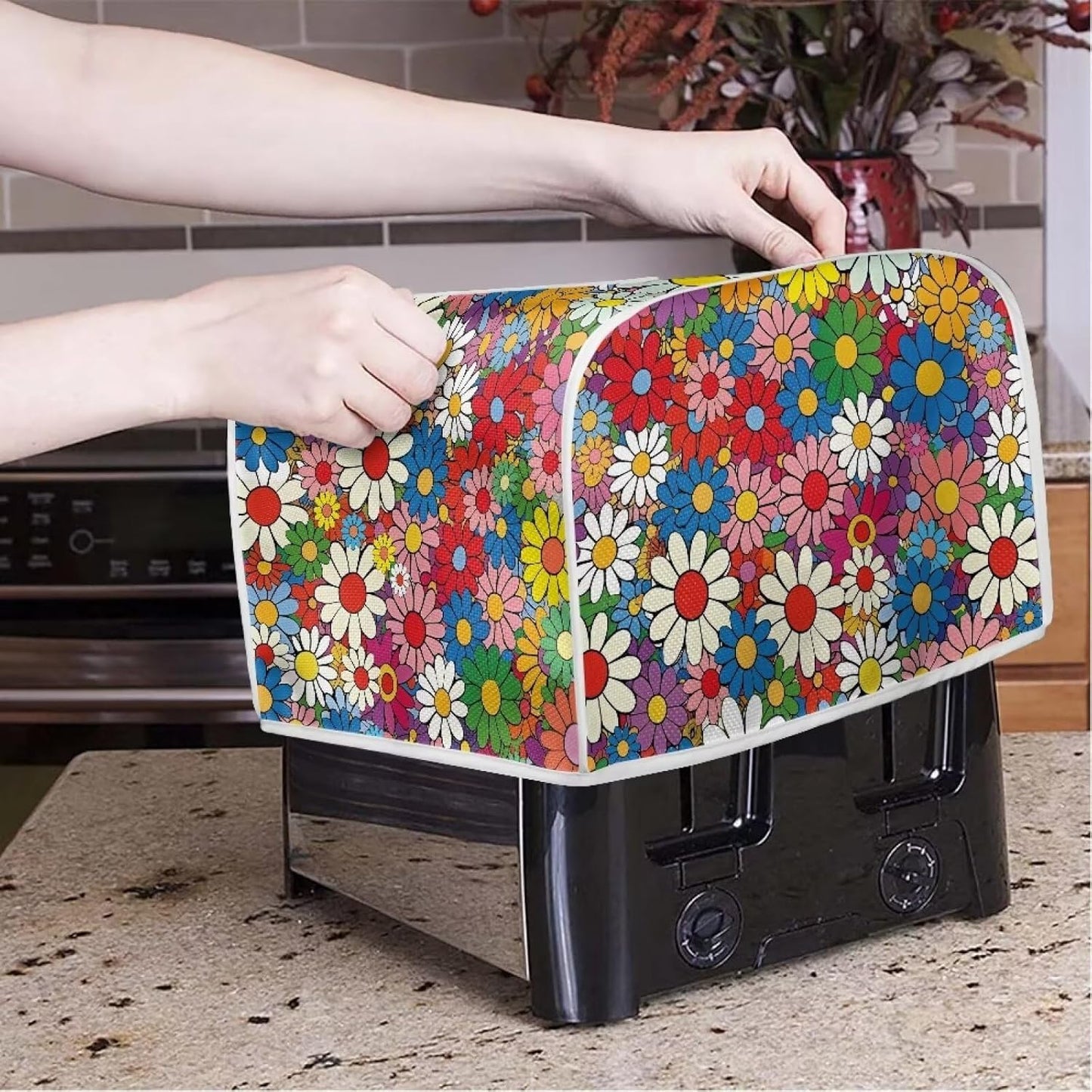 Daisy Flowers Printed Toaster Cover, 4 Slice Washable Kitchen Appliance Protector for Dust and Fingerprint