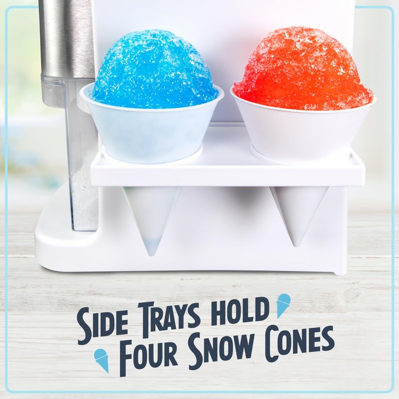 Nostalgia Snow Pro Electric Snow Cone Machine with 64 oz Capacity - Slushie Machine with 4 Reusable Cones, Side Shelves & Ice Scoop - Snow Cone Machine for Family Treats & Refreshing Desserts - White