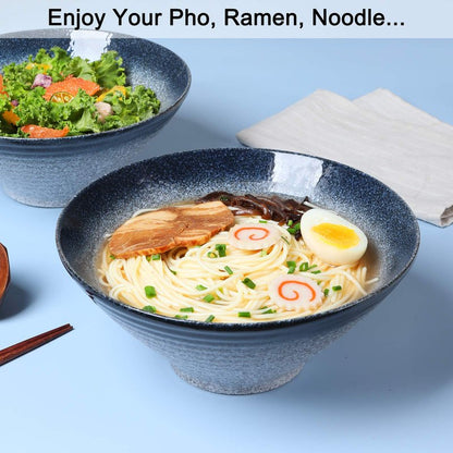 NJCHARMS Ceramic Ramen Bowl Set of 2, 60 oz Japanese Noodle Soup Bowls with Spoons and Chopsticks for Ramen Soup Pho Udon Asian Noodles, Large Noodle Bowls(Blue)