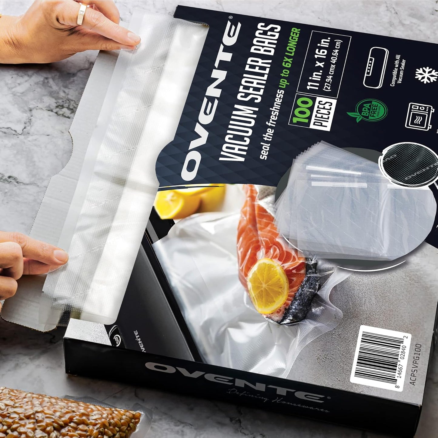 OVENTE Pre-Cut Vacuum Sealer Bags 100 pcs, 11” x 16”, Heavy Duty, BPA-Free for Airtight Food Storage, Meal Prep, Sous