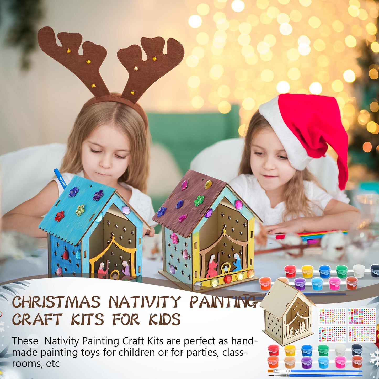 DoubleFill 24 Pcs Christmas Nativity Painting Craft Kits for Kids Make Your Own Religious Jesus House DIY Coloring Wooden Christian Nativity Craft for Classroom Art Sunday School