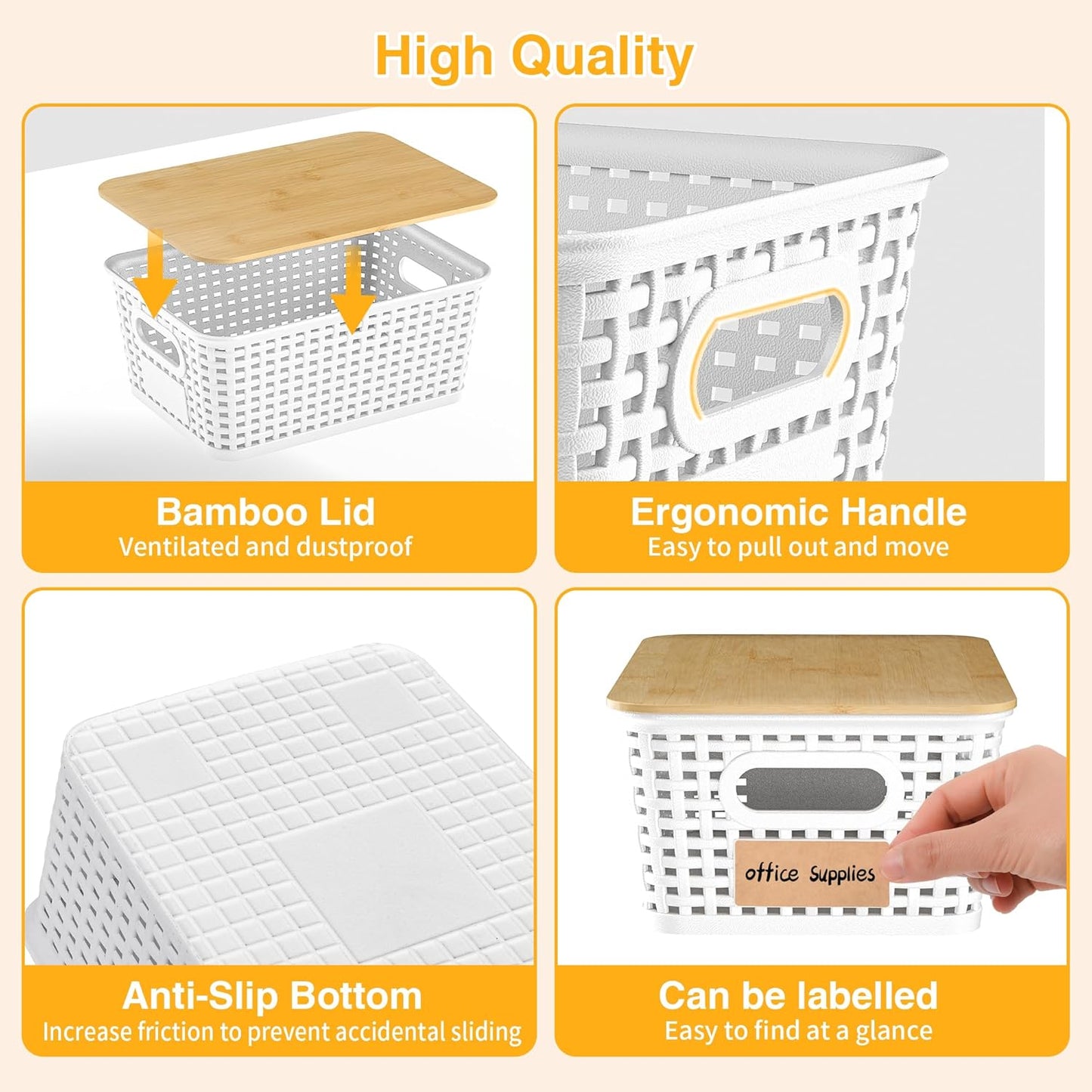 Skiennix Plastic Storage Baskets - Stackable Containers with Bamboo Lids & Labels | 6-Pack White