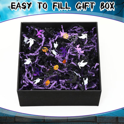 Jansun 1LB/16oz Halloween Crinkle Cut Paper, Black Purple Shred Filler Grass with Pumpkin Spider Bat Witch Ghost Confetti for Halloween Bakset Gift Box Bag Wrapping Basket Filling Party Decorations