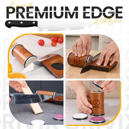 Orivix Rolling Knife Sharpener Kit – Magnetic 4-Angle Base, 3.86 Inches Longer Wooden Roller, 4 Grit Discs (1000/400 Diamond & 3000 Maroon / 6000 White Ceramic) and Leather Strop