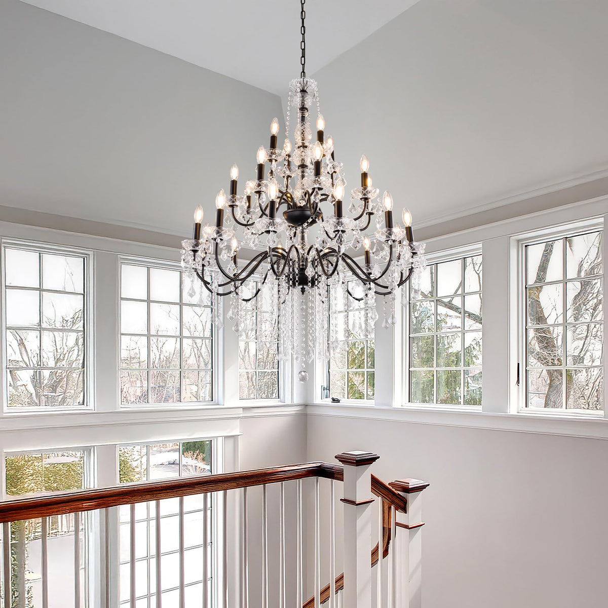 Wellmet Black Chandelier Light Fixture, Luxury Maria Theresa Crystal Chandeliers for High Ceiling Foyer, 24 Lights Hanging Pendant Light for Living Room EntryWay Hall Staircase Large 35.66" (Black)