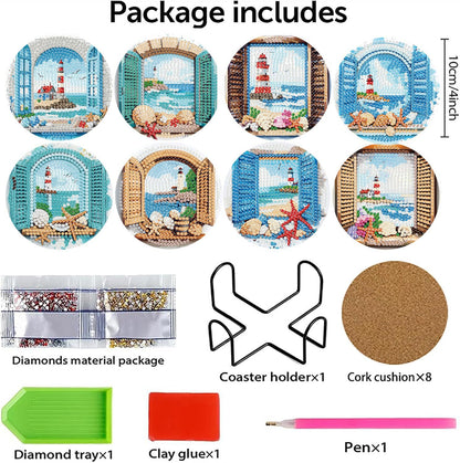 8 PCS Diamond Art Coasters Kits Lighthouse Diamond Painting Coaster Kits Diamond Coasters with Holder Cork Pads Gem Art Dots Paintings Crafts Supplies for Adults Beginners