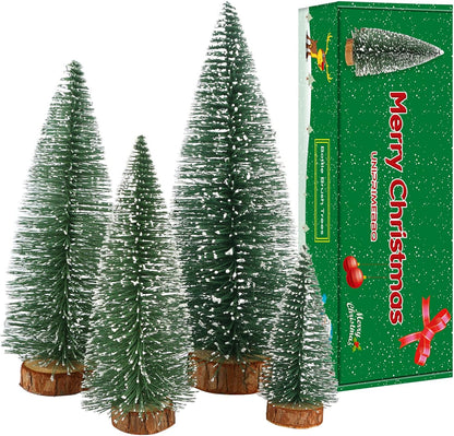 Skiennix Mini Christmas Tree - Small Pine Tabletop Decor with Wooden Base | Green - Set of 4
