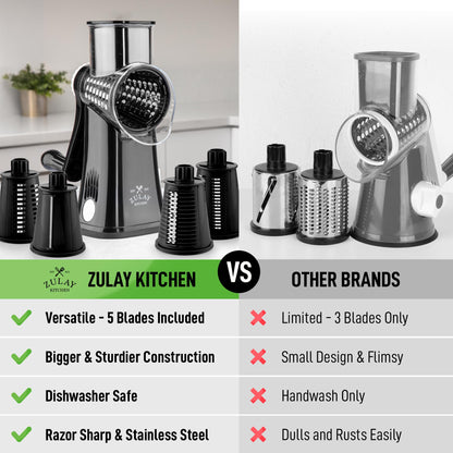 Zulay Kitchen Rotary Cheese Grater 5 Blade Cheese Shredder - Manual Hand Crank Cheese Grater With Reinforced Suction & 5 Interchangeable Drums - Easy to Use, Vegetable Chopper Round Mandoline Slicer