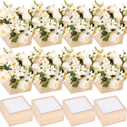 Suzile 12 Sets Square Rustic Wooden Box for Centerpiece Planter Box with Foam Blocks 4 Inch Unfinished Small Square Cube Vase for Wedding Floral Arrangement, Baby Showers, Home Garden Decor Craft
