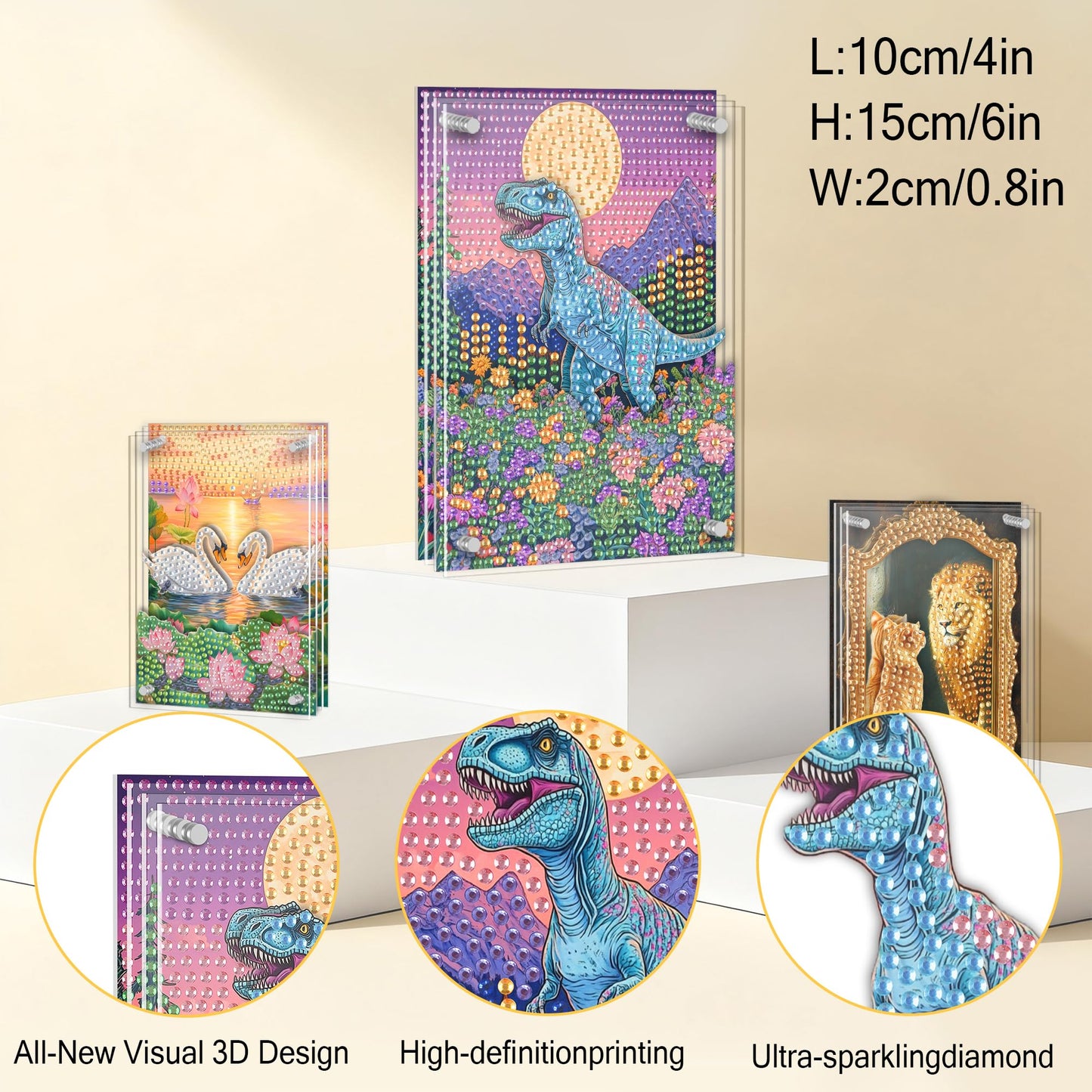 Ginfonr DIY Acrylayers Diamond Art Painting Kit for Adults, Dinosaurs 4-Layer Acrylic Magnetic Diamond Painting Stand Up Tabletop Decor with Dynamic Depth Effect, Home/Office Craft Gift 4x6 inch
