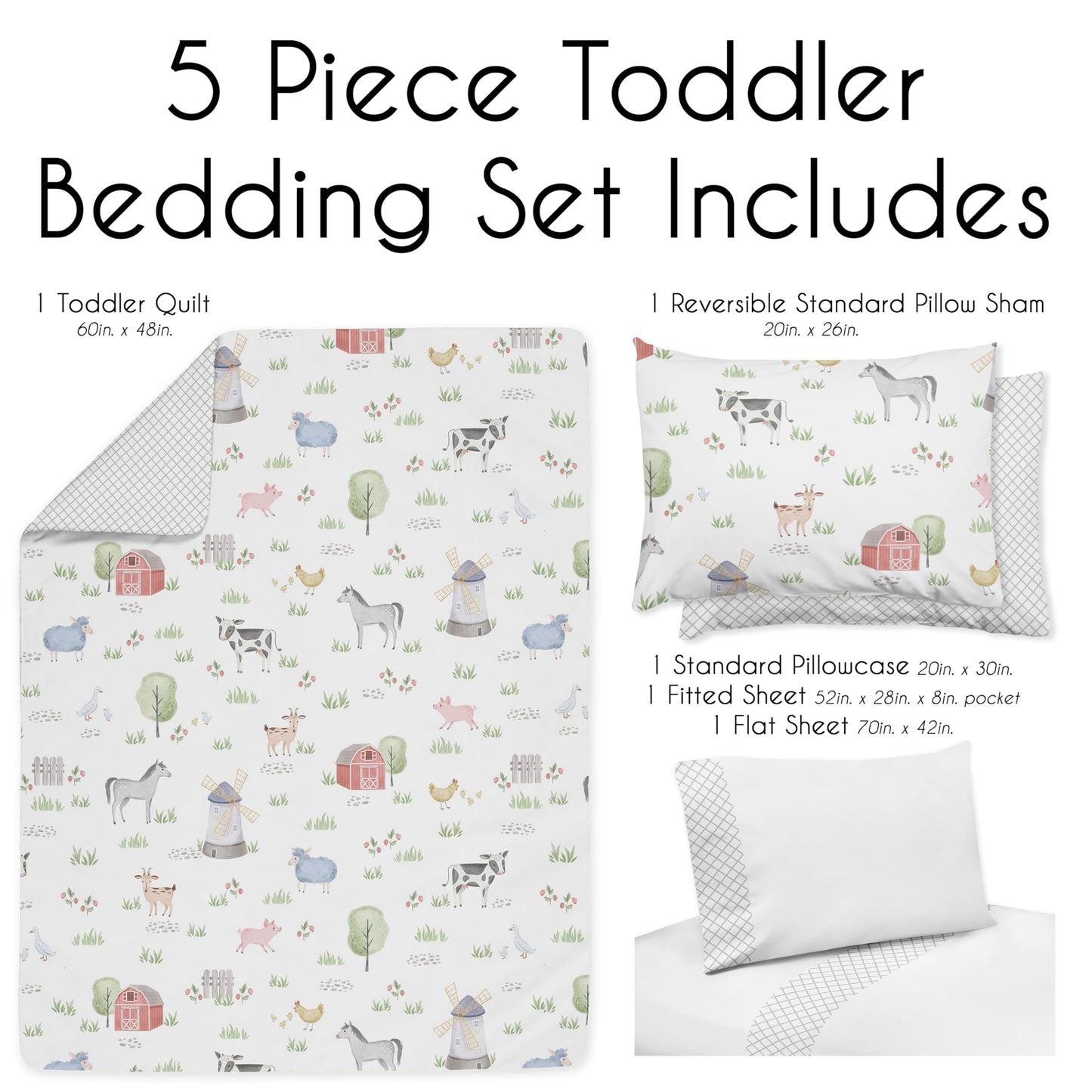 Sweet Jojo Designs Farm Animals Boy Girl Toddler Kid Childrens Comforter Bedding Set - 5 Pieces Comforter, Sham and Sheets - Watercolor Farmhouse Lattice Horse Cow Sheep Pig
