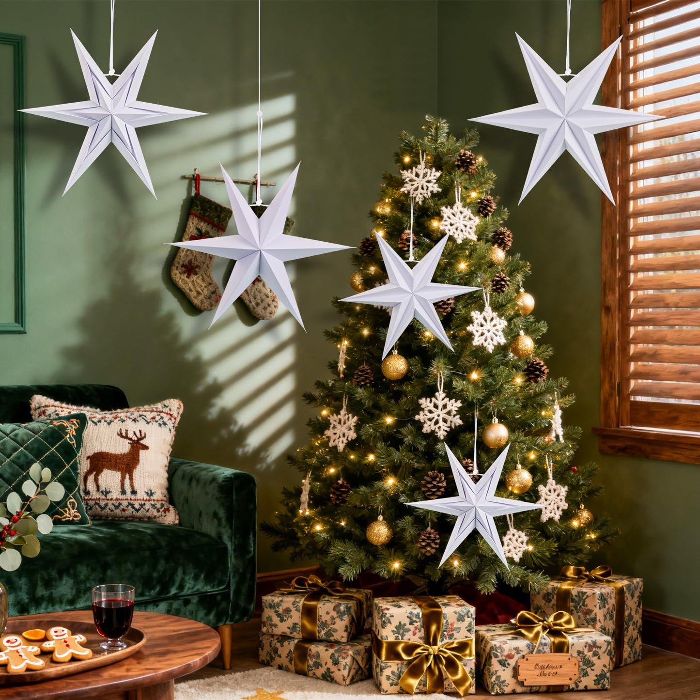 Paper Jazz 3D Paper Star Lartern Decorations, 6 Pointed Hanging Christmas Star,Christmas Celling Wall Decor Multiple Shape Combination for Wedding Baby Shower.