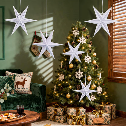 Paper Jazz 3D Paper Star Lartern Decorations, 6 Pointed Hanging Christmas Star,Christmas Celling Wall Decor Multiple Shape Combination for Wedding Baby Shower.