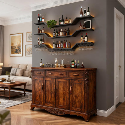 47.2in Modern LED Wine Rack Wall Mounted, 3-Tier Floating Bar Shelves with Wine Glass Rack, Large Hanging Liquor Shelf Wall Mounted, for Home Bar Dining Room Cafe Decorative (Black, 47.2in/120cm)