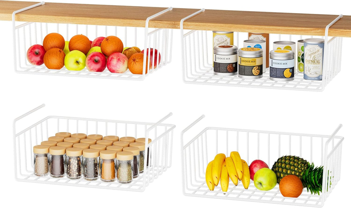 SUFAUY Under Shelf Basket Organizer, Holds up to 22lbs, Kitchen Pantry Storage Bin, White, 4 PCS