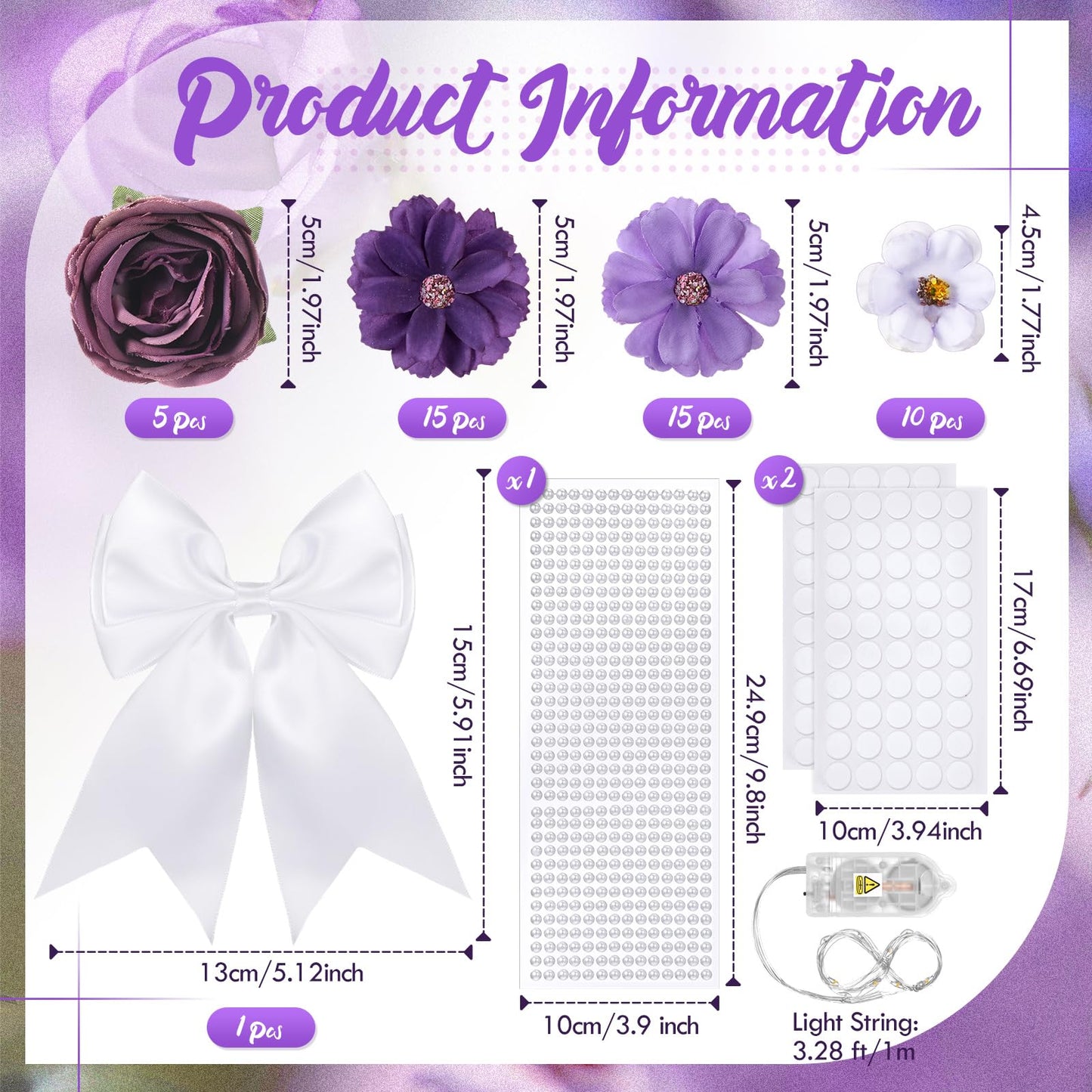 Solsew 50 Pcs DIY Graduation Cap with Lights Decoration Kit Include Artificial Flower String Light Ribbon Bow Pearl Sticker for DIY Cap 2026 Graduation Party(Blue Light, Purple Flower)