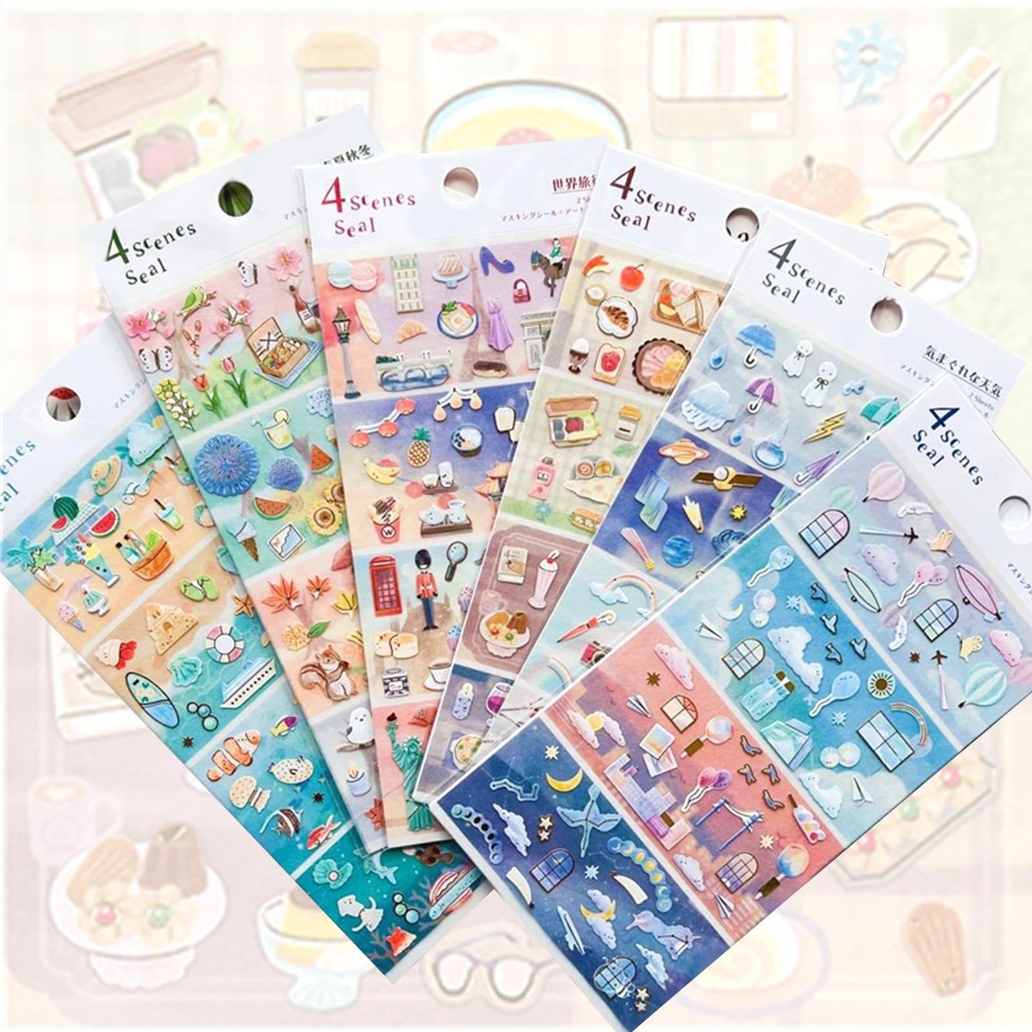 Beautiful Japanese Aesthetic Washi Stickers Set with Gold Foil 12 Sheets 6 Scenes and 6 Mini Stickers for Travel Food Ocean Seasonal and City Themes Perfect for Journals Scrapbooks and Planners