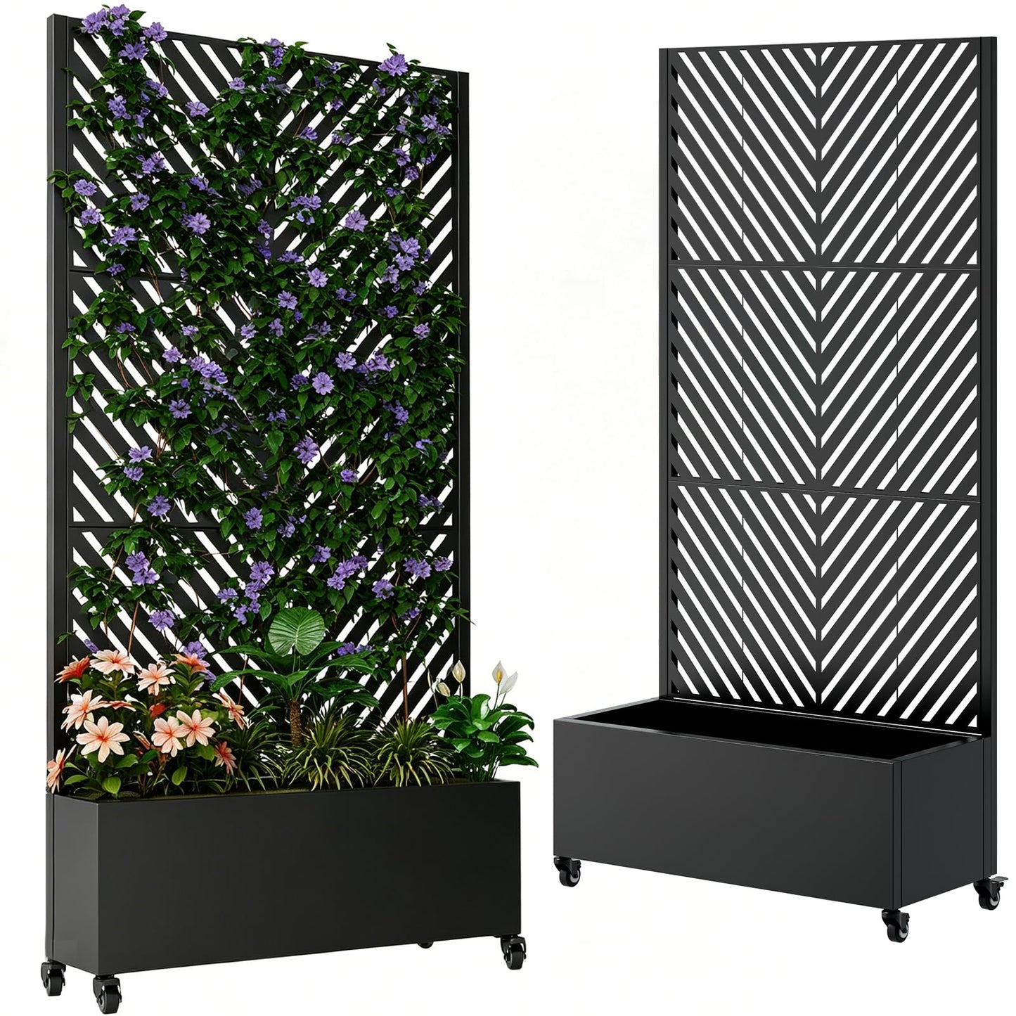 Raised Planter Box with Trellis & Lockable Wheels, Galvanized Metal, 73"x47"x16" Outdoor Privacy Screen with Planter Box for Heavy Climbing Plants, Flowers, Vegetables, Vines