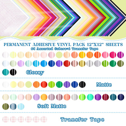 VINYL FROG Permanent Adhesive Vinyl Bundle 70 Pack Adhesive Vinyl Sheets 12''x12'' Permanent VinylPack for Cups DIY Craft Projects