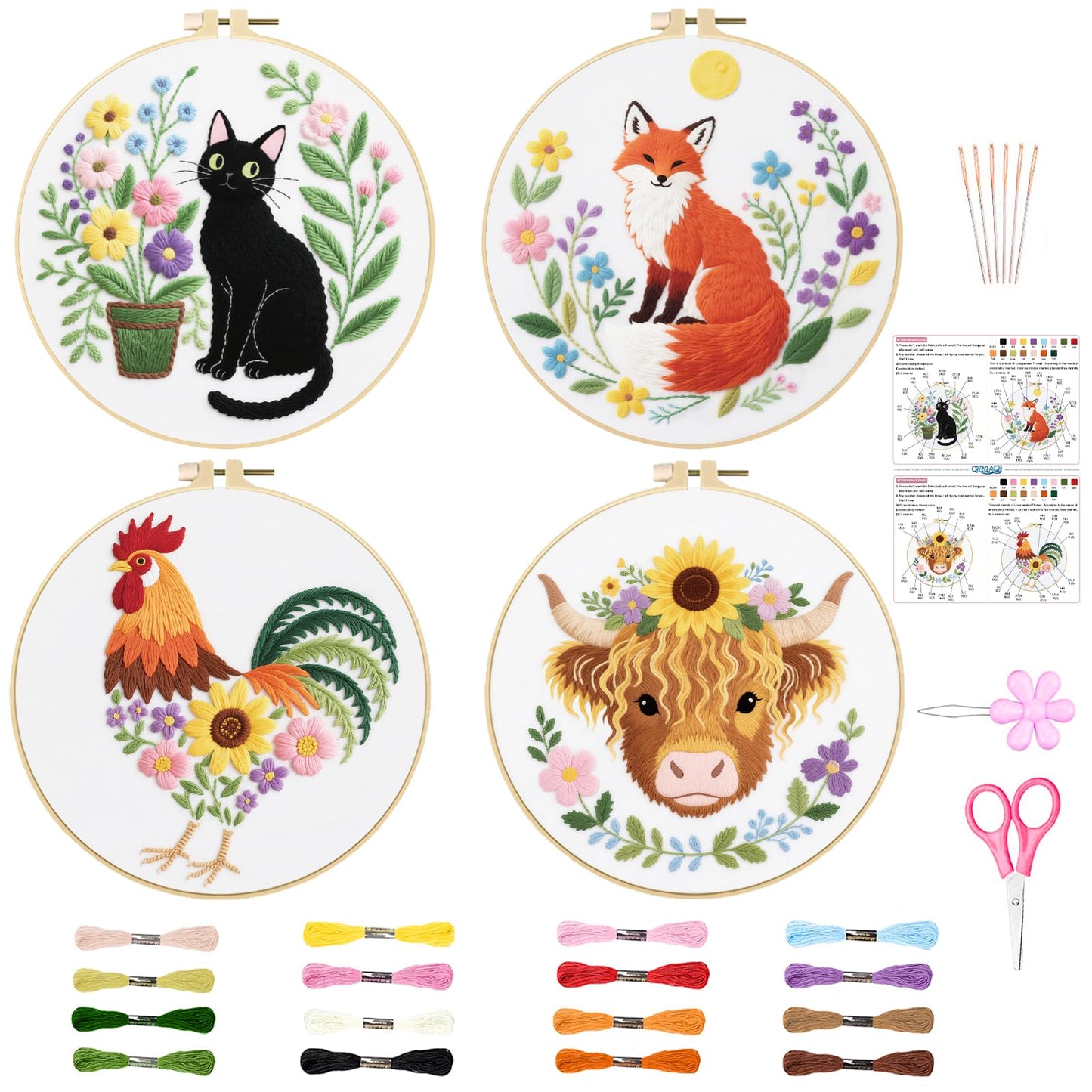 ORIGACH 4 Pcs Flower and Animal Embroidery Kit for Beginners, Stamped Design Embroidery Starter Kit Includes Cloth, Hoops, Threads & Needles