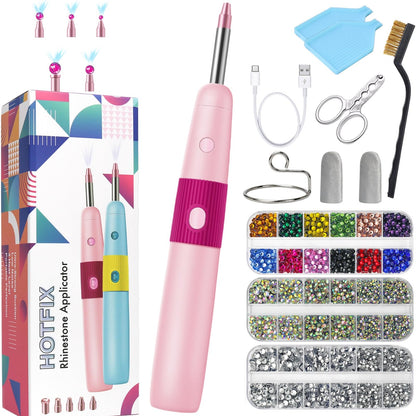 5 in 1 Cordless Hotfix Applicator Tool, 4000mAh Rhinestone Bedazzler Kit with Self-Suction, 3 Temp Settings, 5 Tips, Hot Fix Rhinestone Kit for Clothing Fabric DIY Crafts (PinK)