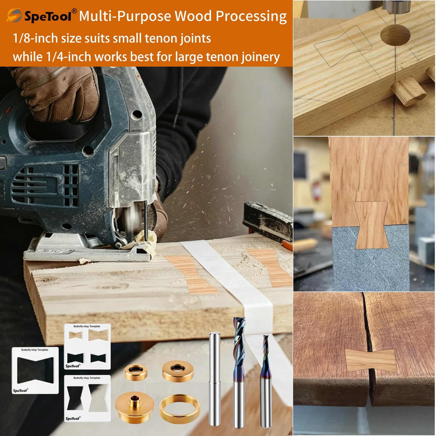 SpeTool 7-in-1 Router Inlay Template Kit,Router Templates for Woodworking, Solid Brass Inlay Bushing Kit Includes 1/8" & 1/4" Cutting Dia with 1/4 Shank Carbide Spiral Upcut Bit with TAC-Coated