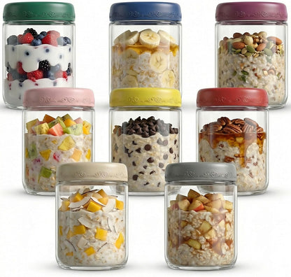 16 OZ 8 Pack, Smoothies(8 Pack) Overnight Oats Jars with Lids Glass Meal Prep Containers, Reusable Food Storage Jars