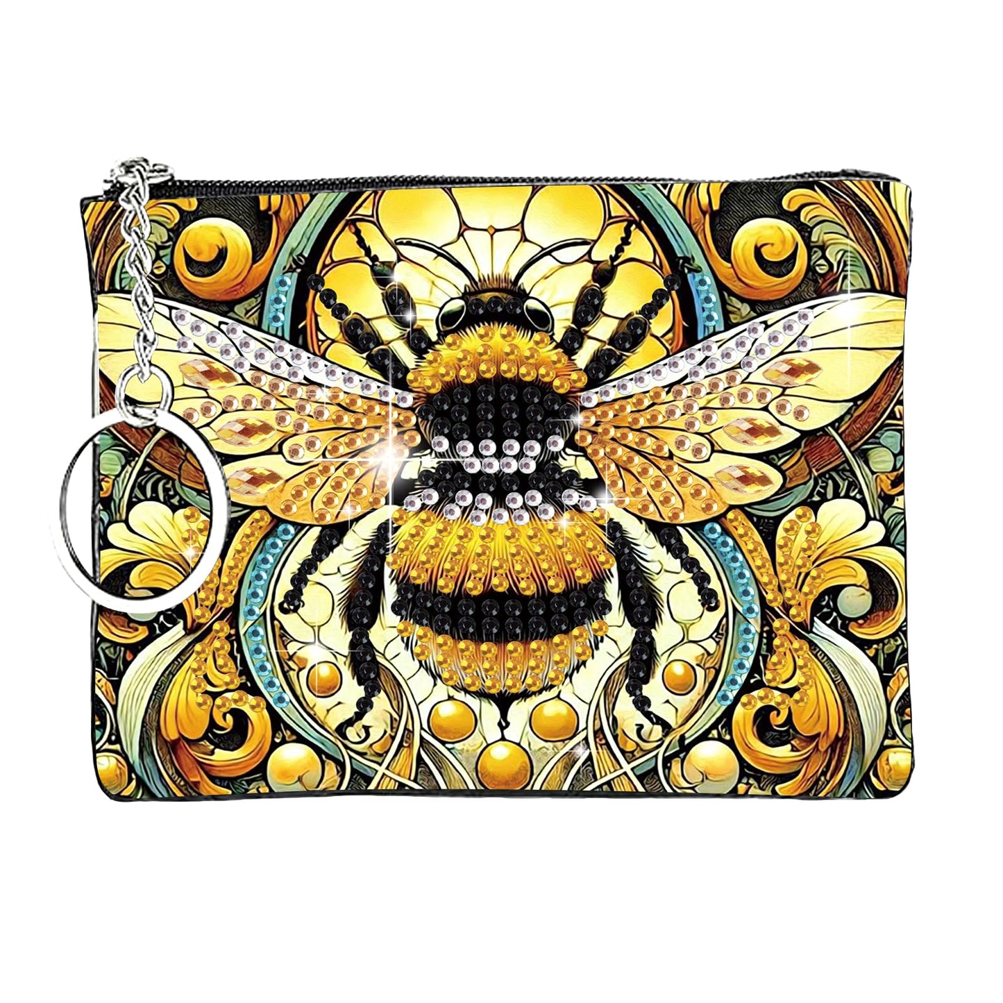 JZHYOAN Diamond Painting Small Coin Purse for Women DIY Coin Pouch Coin Purse with Zipper and Keyring Diamond Art Purses and Wallets Handbags Wallet Keychain for Cards Keys Bee