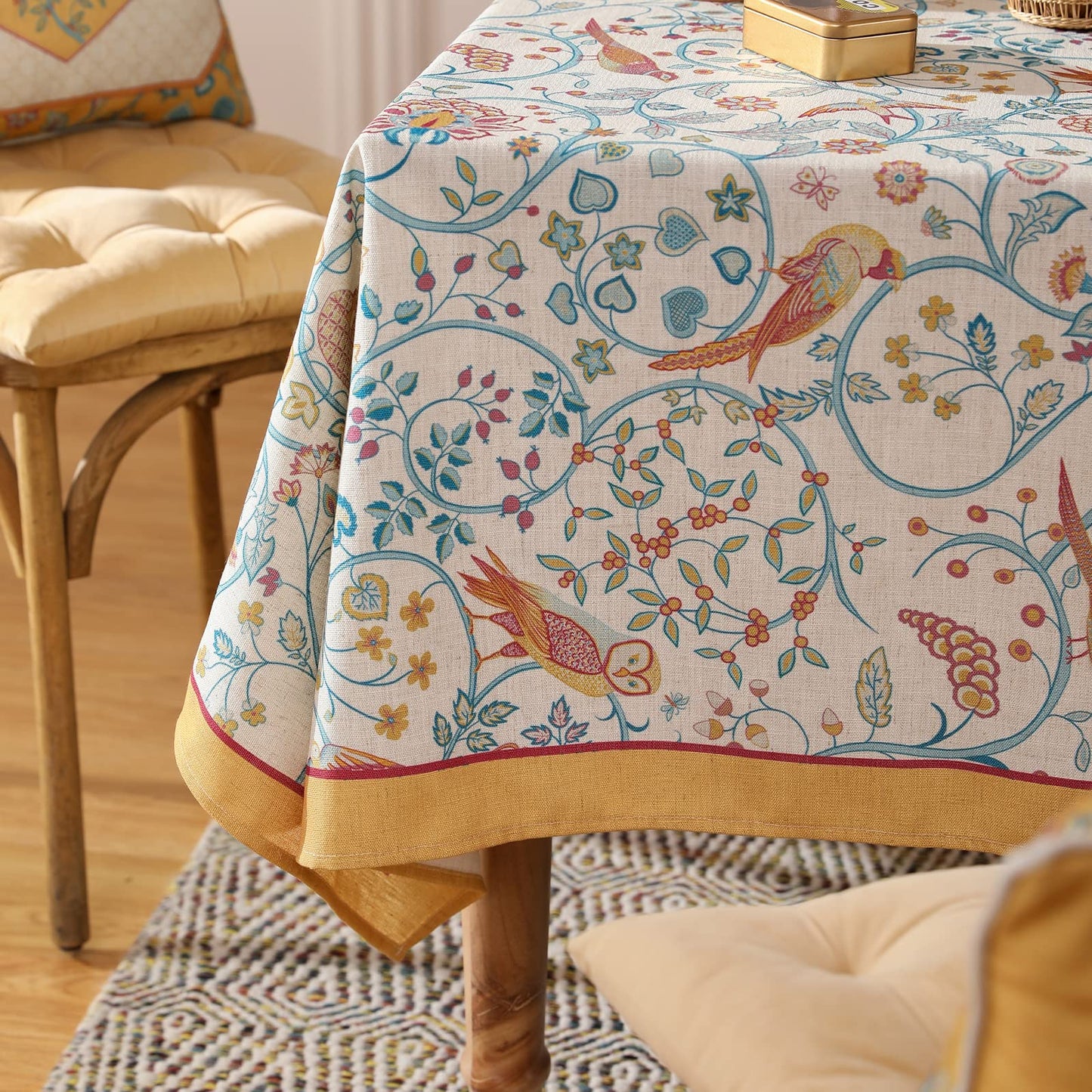 patdrea Designer Yellow French Spring Summer Tablecloth,Rustic Linen Floral Birds Pattern Table Cloth for Square Tables,Decor Table Cover for Kitchen Dining Holiday Banquet,Christmas,55"*55"
