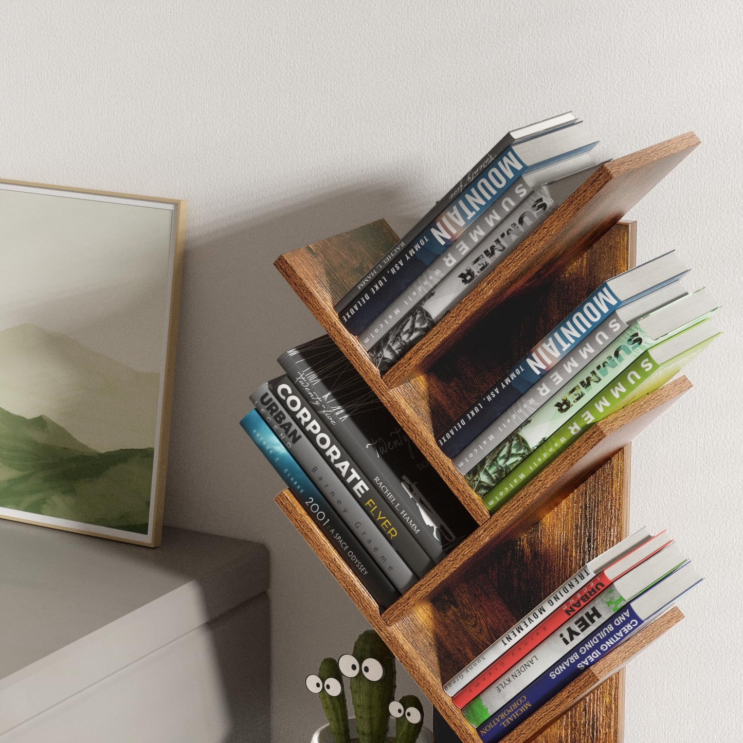 SHEEPAM 5 Tier Tree Book Shelf, Small Desktop Bookshelf with Storage Organizer, Wood Bookcase, Desk Display Bookshelves, Floor Standing Organizer Bookcases for Living Room,Bedroom,Office-Brown