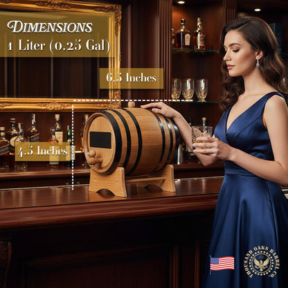 1 Liter Whiskey Barrel Dispenser with Chalkboard Front - Oak Barrels for Aging Whiskey, Cocktails, Tequila - Bourbon Barrel Home Bar Decor - Charred 1L Mini Whiskey Barrels