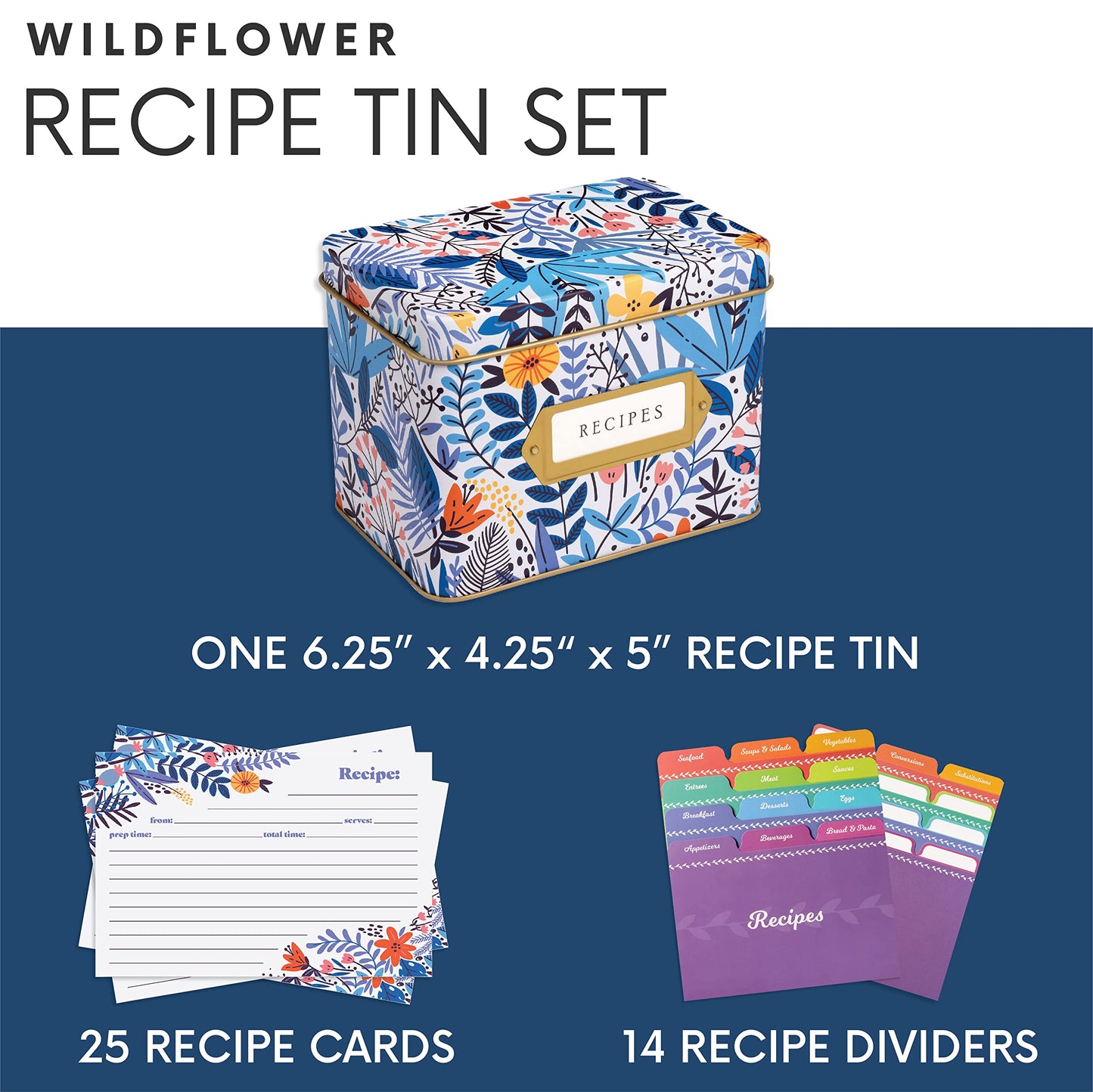 Jot & Mark Recipe Card Gift Box, 25 4x6 inch Cards, 14 Dividers, Decorative Tin Box