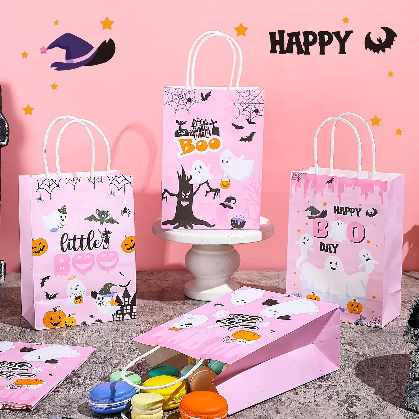 Kolldenn 48 Pink Halloween Snack Bags with Handle Hey Boo Treat Bags Bulk Pink Party Favors for Halloween Parties & Decor