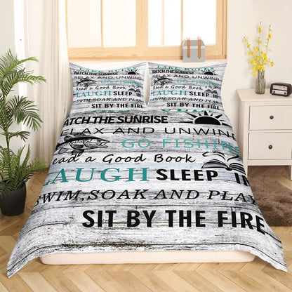 Feelyou Lake House Duvet Cover Fishing Bedding Set for Kids Boys Girls Camping House Comforter Cover Wooden Stripes Texture Bedspread Cover 1 Duvet Cover with 2 Pillowcases Queen Size (No Comforter)