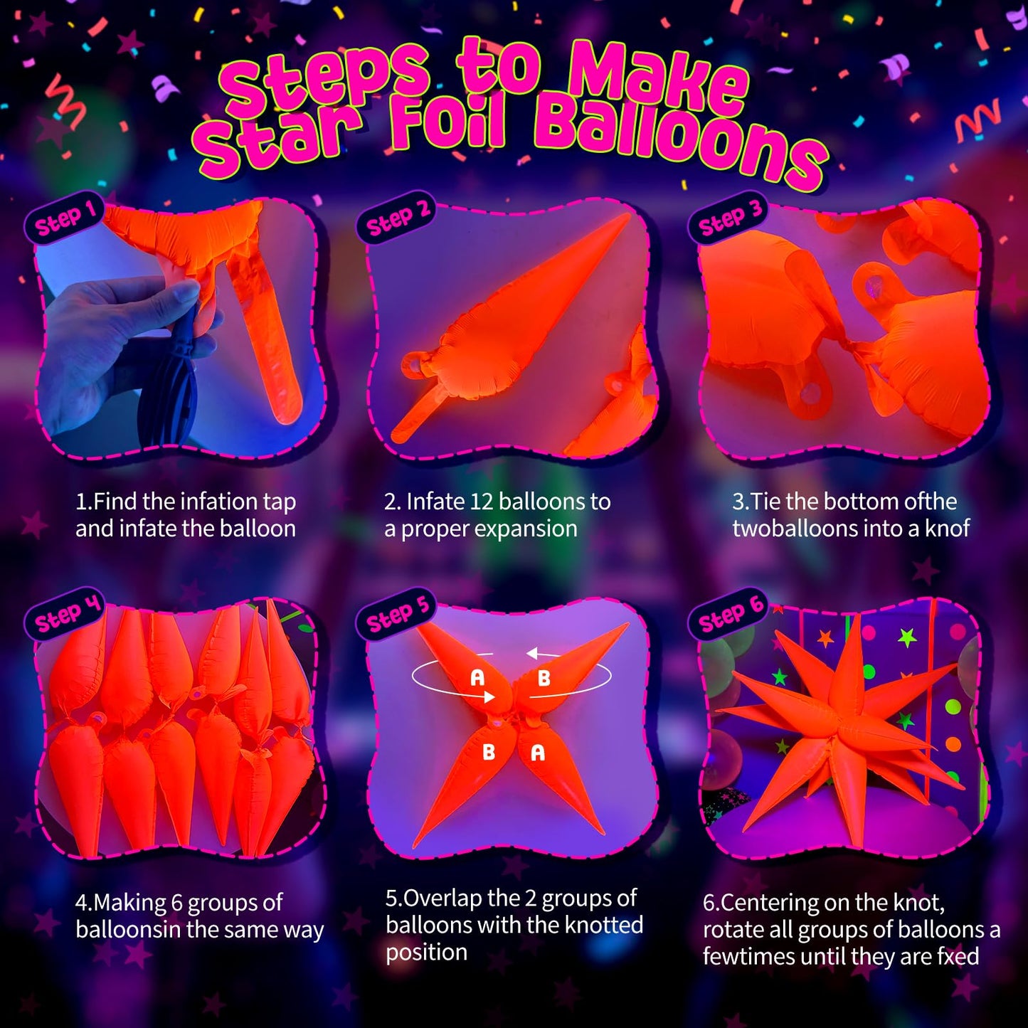GYIPFIPA UV Neon Balloons, Glow in the Dark Party Supplies Neon Foil Explosion Star Balloon Kit Cone Balloons Glow in the Dark Birthday Decorations for Blacklight Party Decoration