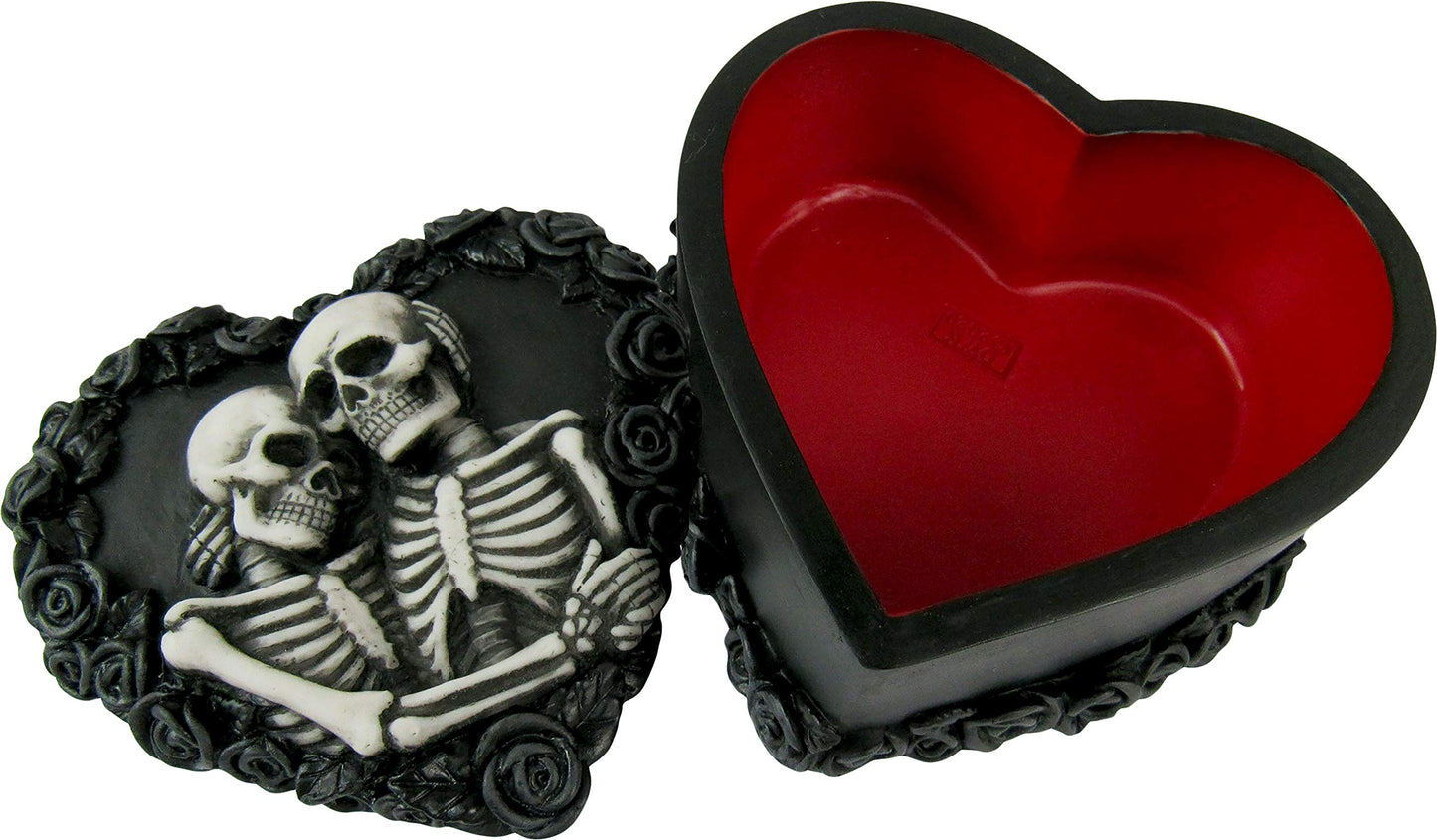 DWK - To Have & To Hold - Beautiful Gothic Skeleton Lovers Embracing on Black Rose Wreath Keepsake Jewelry Trinket Stash Box with Red Interior Romantic Goth Valentine's Day Home Decor Accent, 5-inch