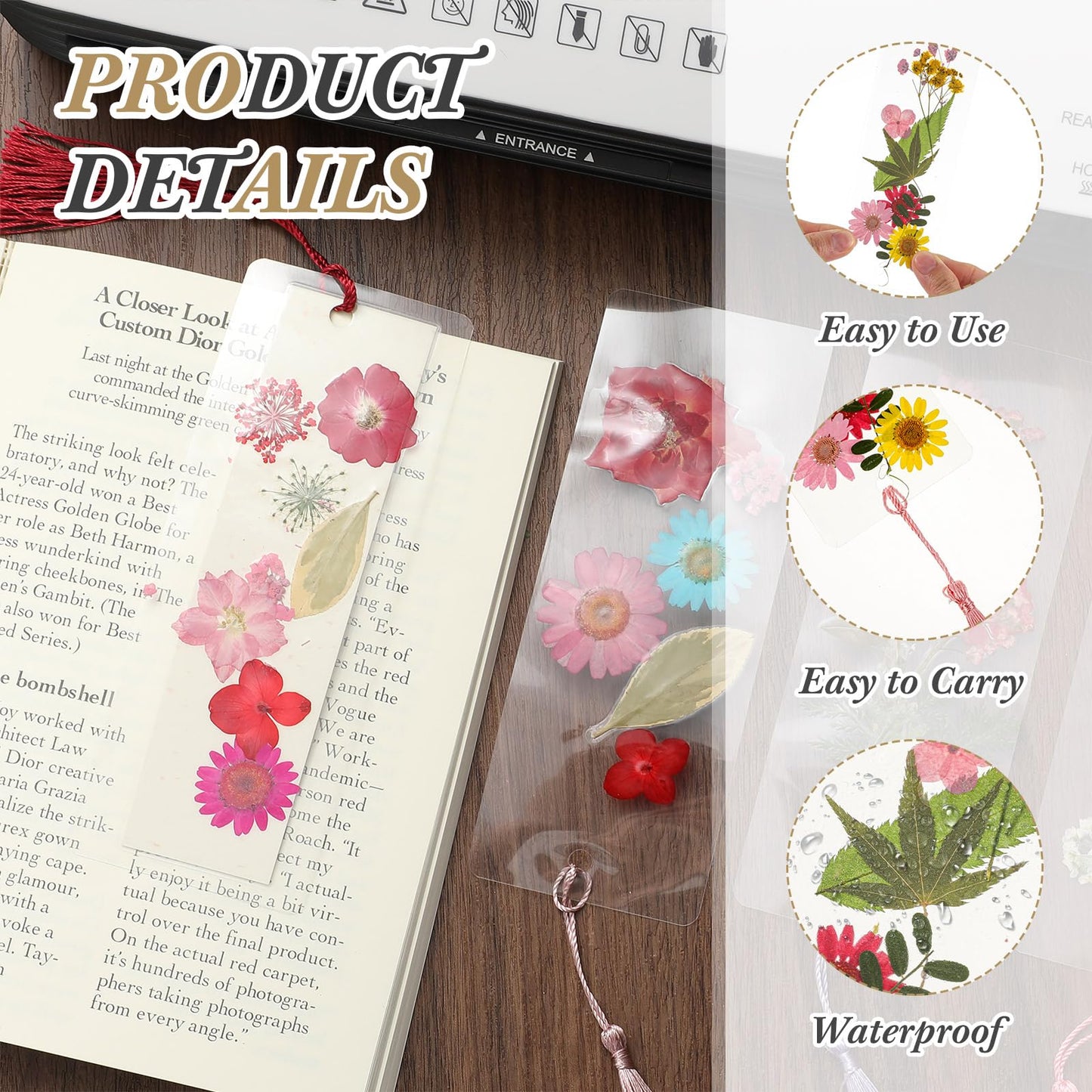 Fuyoooo 376 Pcs Dried Flower Bookmark Making Kit, DIY Bookmark Laminating Pouches with Tassels and Puncher, Handmade Craft Kit for Women, DIY Gifts for Book Lovers (Rainbow Color,2 x 6 Inch)