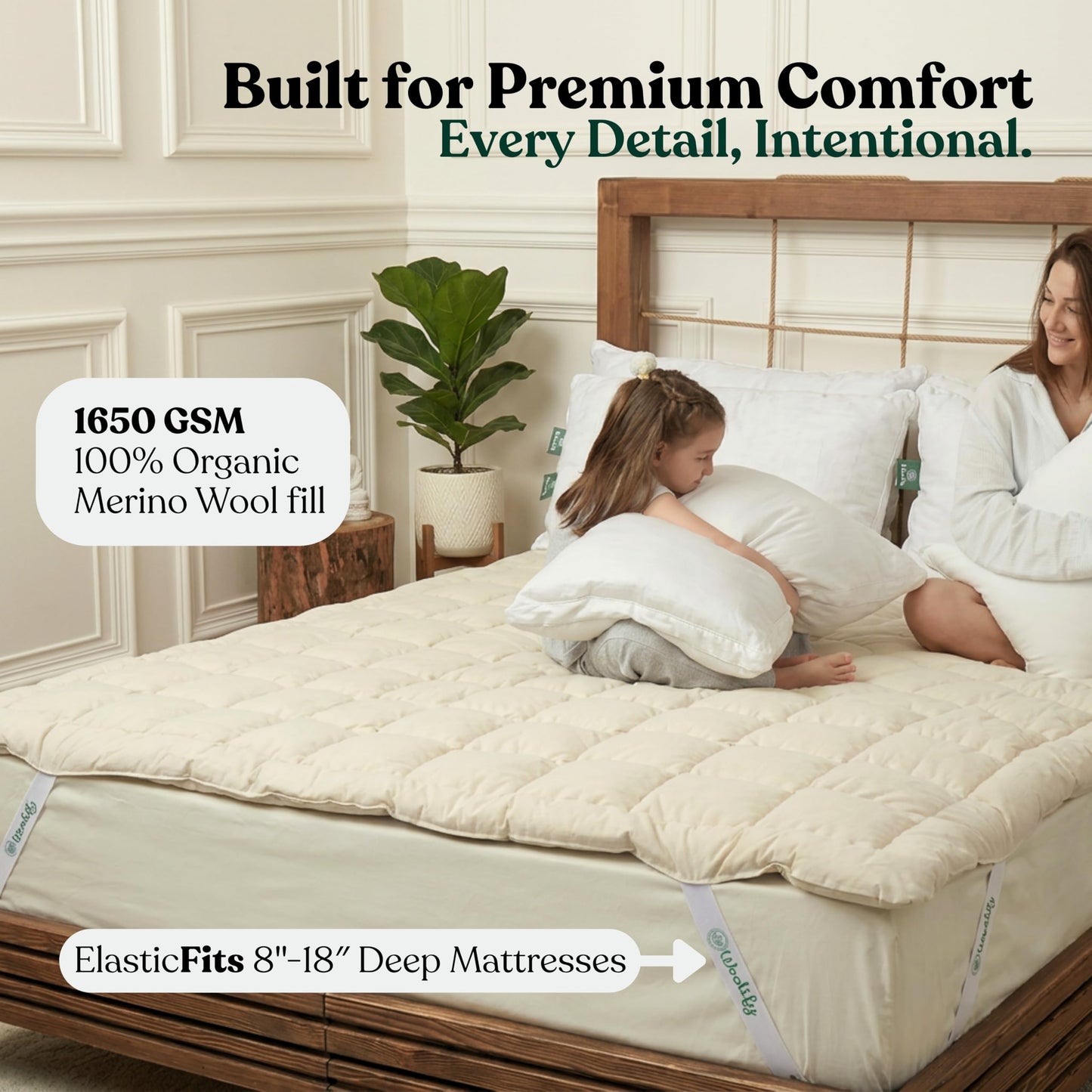 Woolify Organic Merino Wool Mattress Topper 1650 GSM - Pillow Top Mattress Pad, Handmade, Non-Toxic, Cooling and Hypoallergenic Wool Topper for Back Pain Relief (Twin XL)