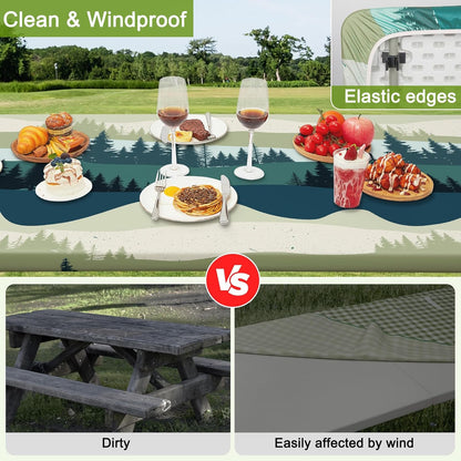 HobbLab Rv,72in,Green Picnic Table Cover with Bench Covers Portable Table Cloth Built-in Storage Pocket Fitted