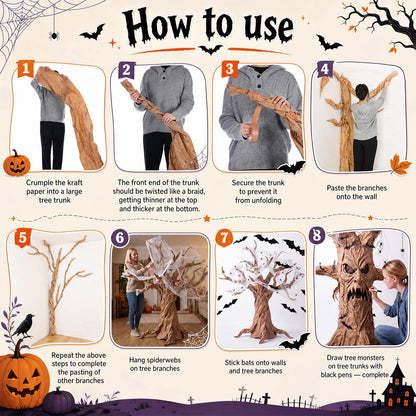 Jetec 92 Pcs Halloween Spooky Tree DIY Wall Decor Kit 56 Bats and 30 Pcs 3D Spider 2 Rolls Brown Kraft Paper with Webs Large Creepy Tree Trunk Craft for Haunted House Indoor Outdoor Home Decoration