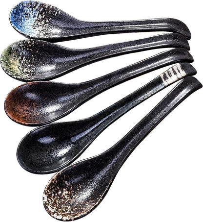 7 inch Japanese and Korean Ramen Spoon Set of 5, Long Handle Ceramic Soup Spoons for Miso, Asian Soup